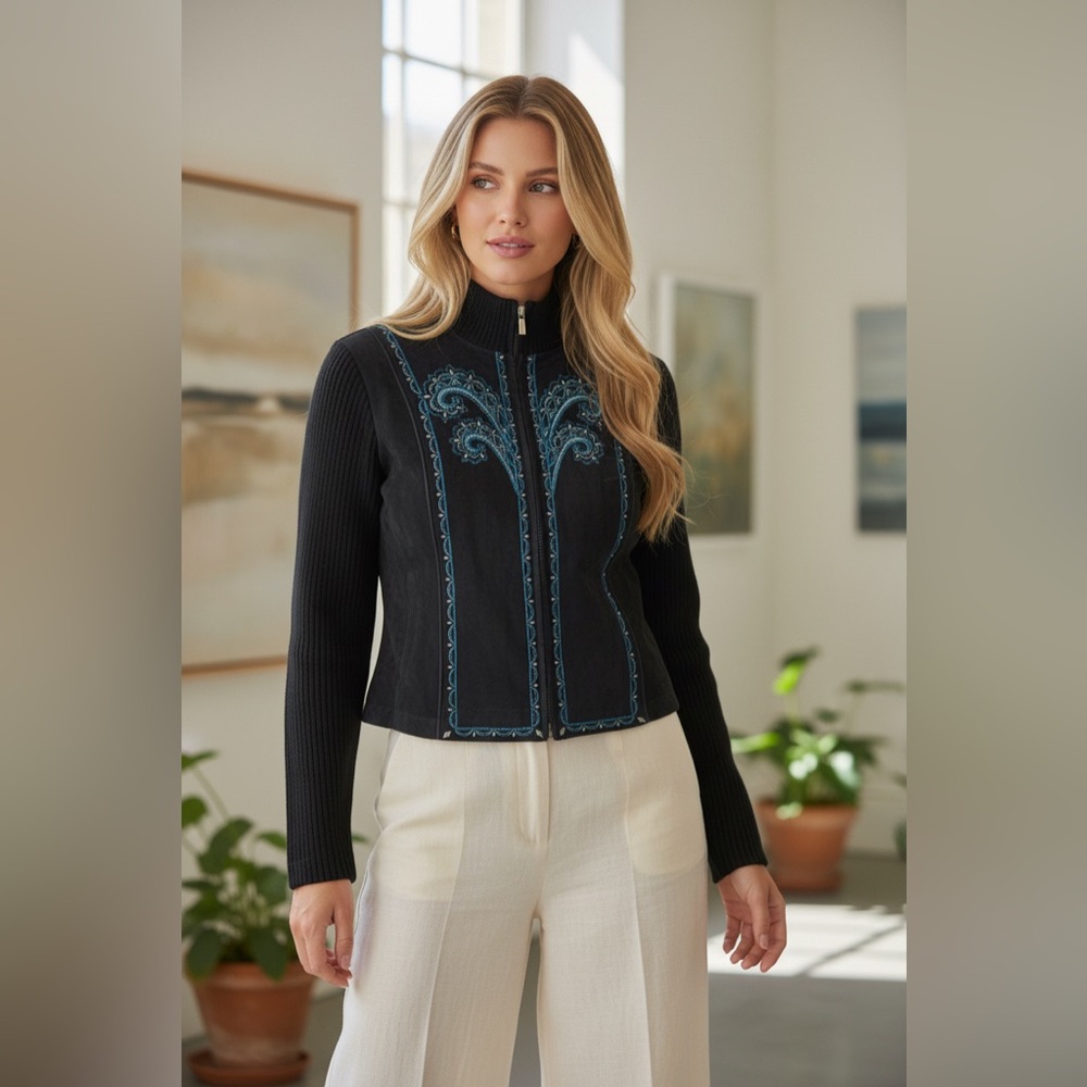 Vintage Bob Mackie Wearable Art Suede Leather Embroidered Jacket XS